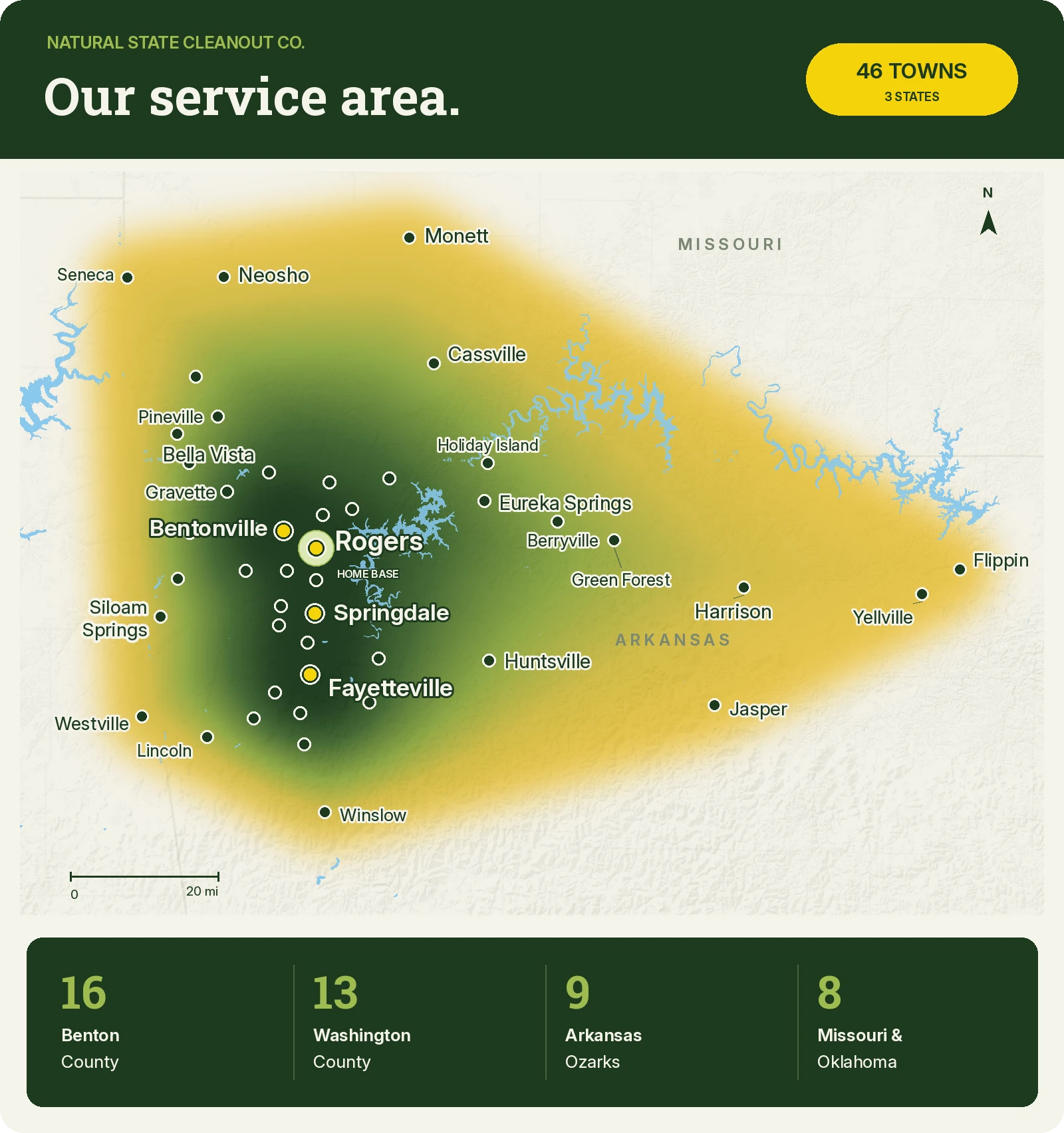 Natural State Cleanout Co. service area map: 46 towns in 3 states, with the heaviest coverage around Rogers, Bentonville, Springdale and Fayetteville and reaching Monett, Neosho, Cassville, Eureka Springs, Harrison, Jasper, Yellville, Flippin, Winslow and Westville, Oklahoma. 16 towns in Benton County, 13 in Washington County, 9 in the Arkansas Ozarks and 8 in Missouri and Oklahoma.